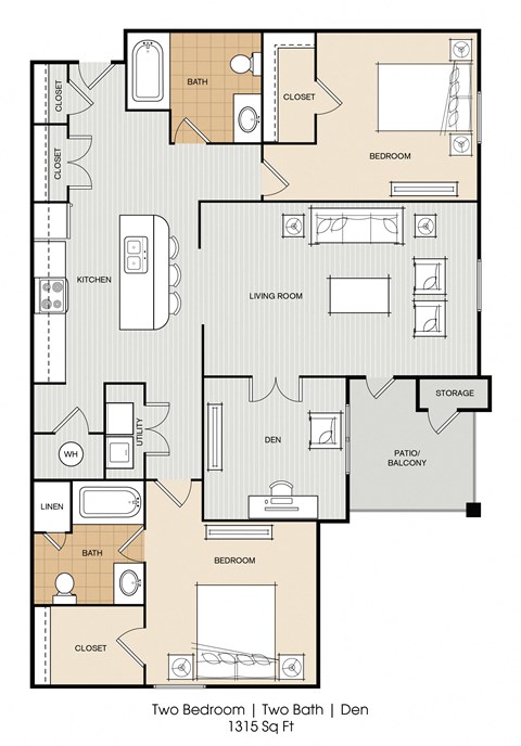 a floor plan of two bedrooms and two baths and a large living room